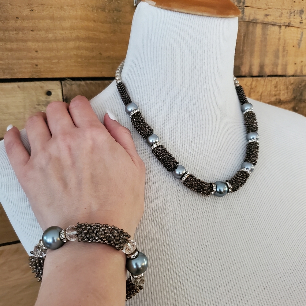 Antiqued silvertone/grey faux pearl necklace & bracelet set